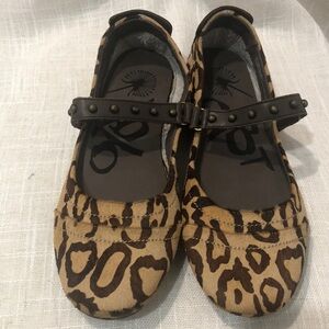 OTOB Gamine Leopard Ballet Flats/Mary Jane Leather Strap with Studs Camel Size 6